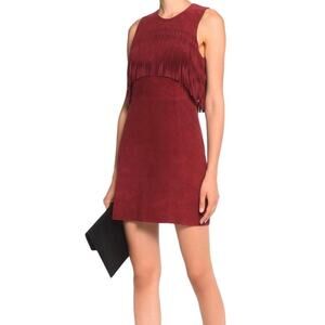 Rebecca Minkoff Cranberry Fringe Frayed Suede Goatskin Leather Mini Dress Size 0